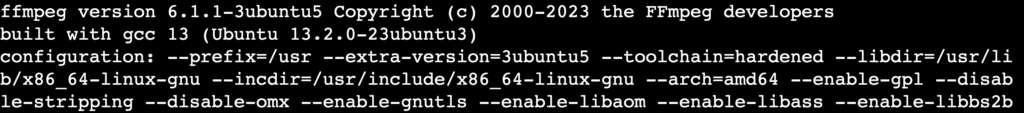 The ffmpeg -version command's output in the terminal