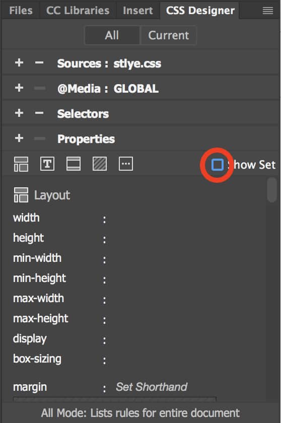 Unchecking the show set to unlock css properties