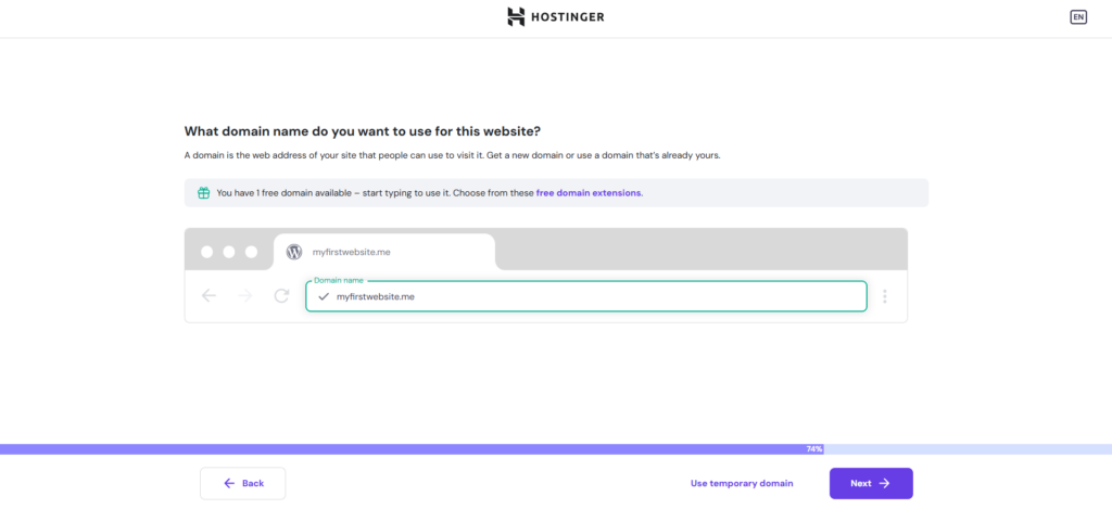 The domain name selection page in Hostinger's initial onboarding wizard