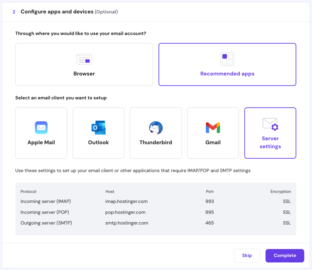 hPanel configure email apps and devices server settings