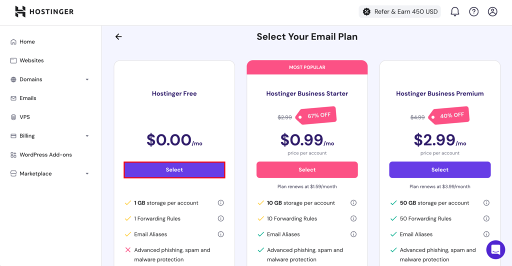 hPanel select your email plan