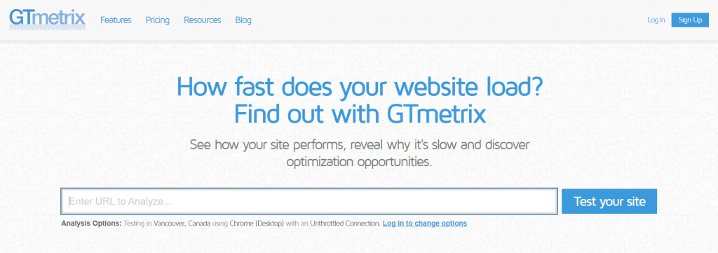 GTMetrix homepage.