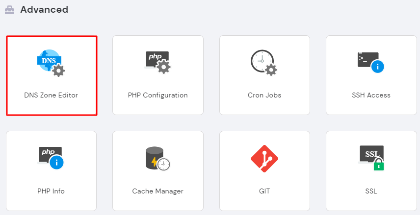 Advanced section on hPanel, highlighting the DNS Zone Editor