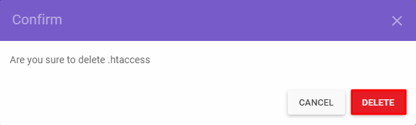 Window asking are you sure to delete .htaccess where you should press the red delete button