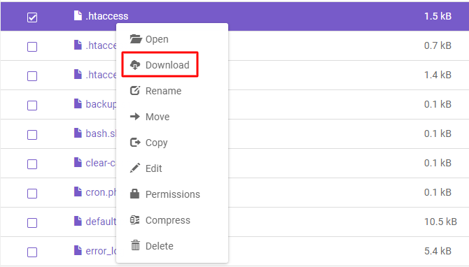 .htaccess file, showing where to find the download option.