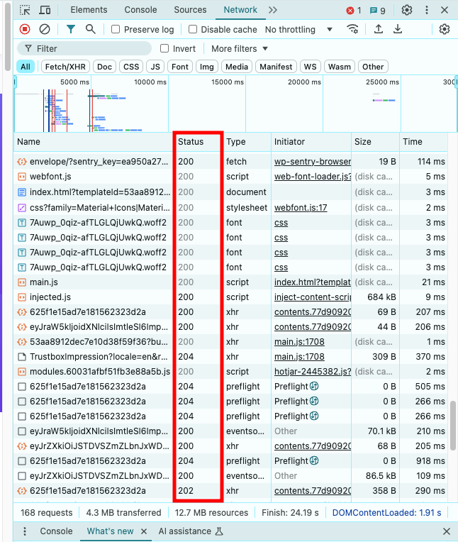 Chrome's Inspect Element, highlighting a page's HTTP status codes in the Network tab
