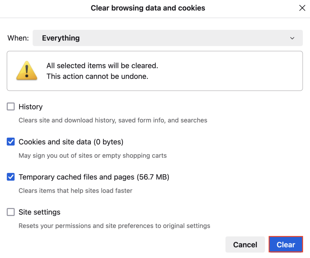 The Clear button in Firefox's Clear browsing data and cookies popup dialog