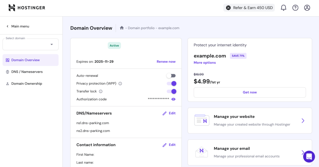 Domain overview for an individual domain name