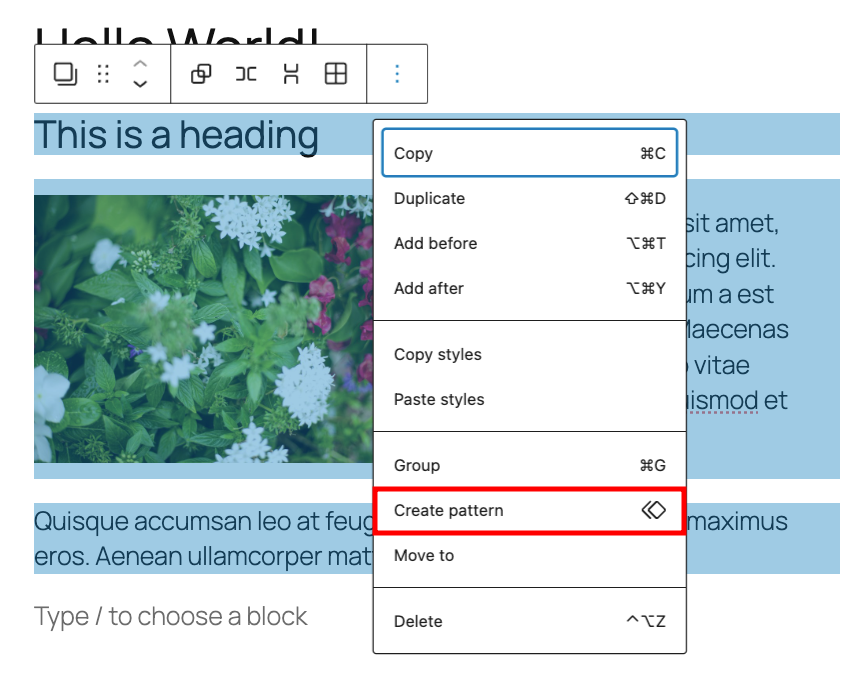 Gutenberg block toolbar, highlighting the option to create a pattern
