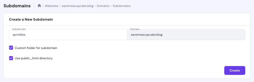 Subdomain form creation in Hostinger's hPanel