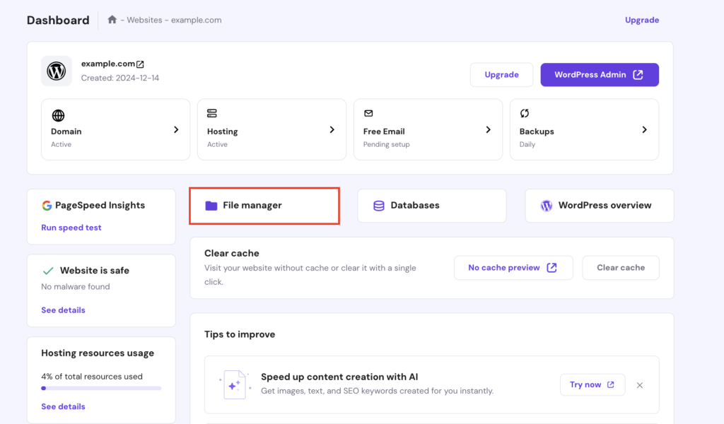 The File manager menu on hPanel dashboard.