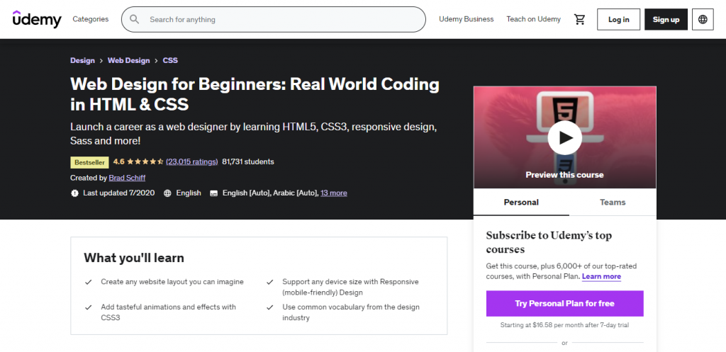 The Web Design For Beginners  Real World Coding In HTML   CSS Course Page On The Udemy Website 1024x497 