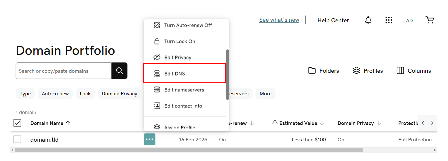 GoDaddy Domain Portfolio Edit DNS option