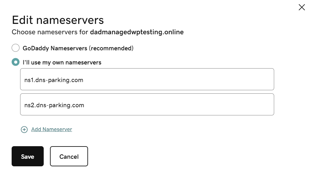 GoDaddy Edit nameservers options with I'll use my own nameservers chosen