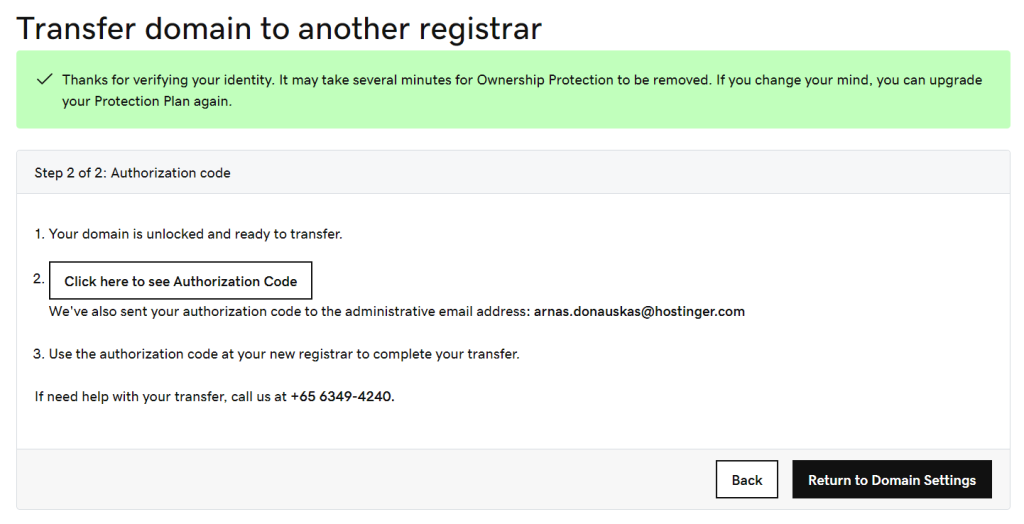 GoDaddy Transfer domain to another registrar with the Click here to see Authorization Code box