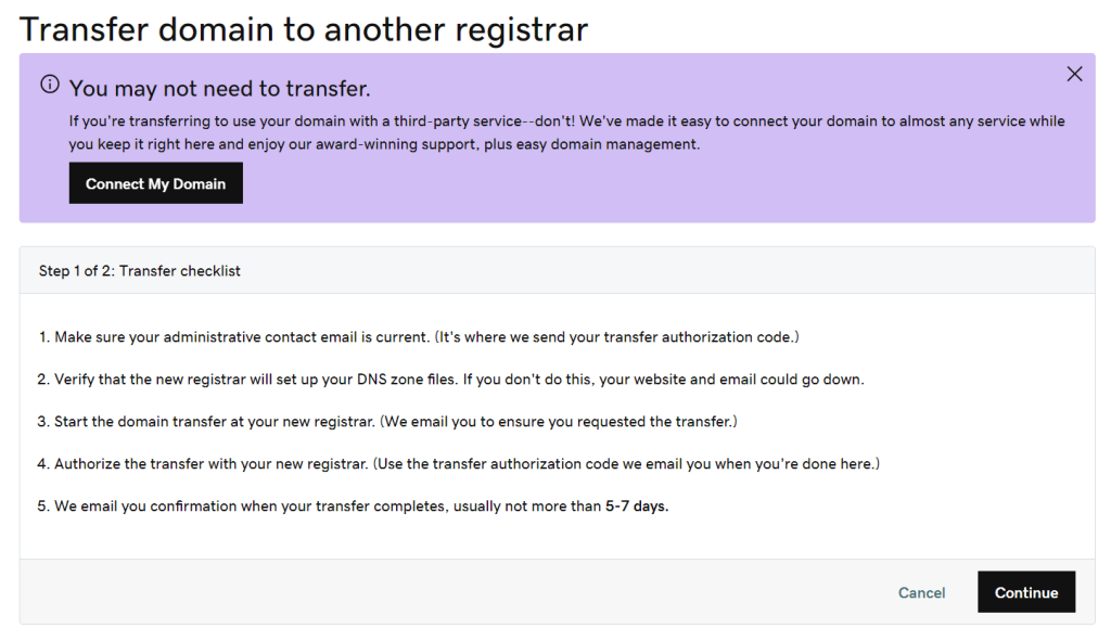 GoDaddy Transfer domain to another registrar checklist