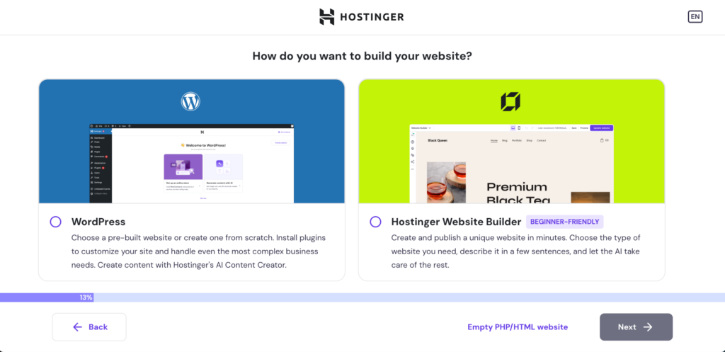 Hostinger onboarding screen showing the option to build a website on WordPress or Hostinger Website Builder