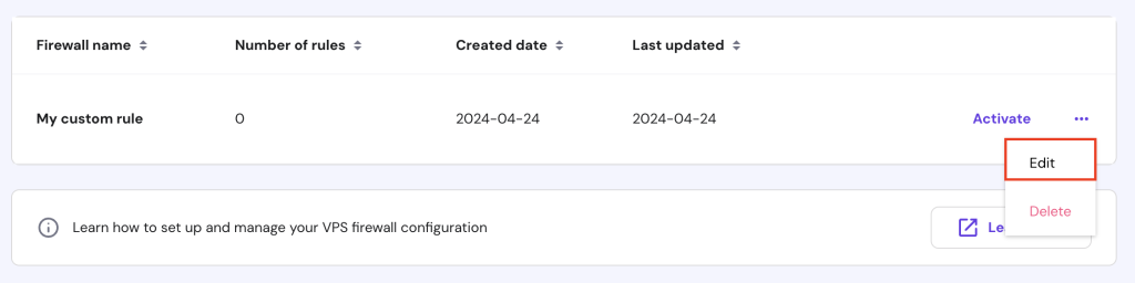 Editing the newly created firewall rule on hPanel