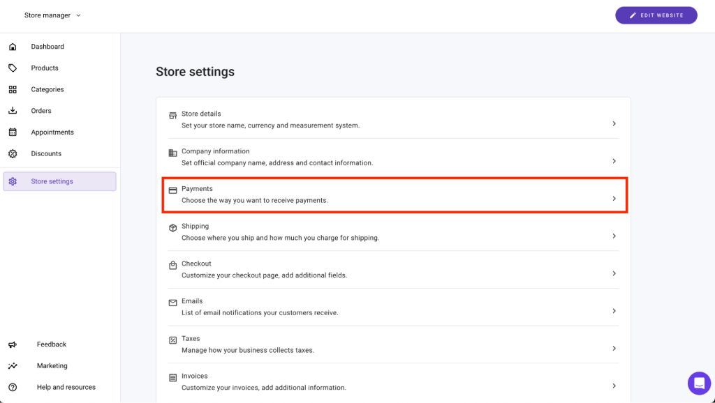 Payments section highlighted in the Store settings