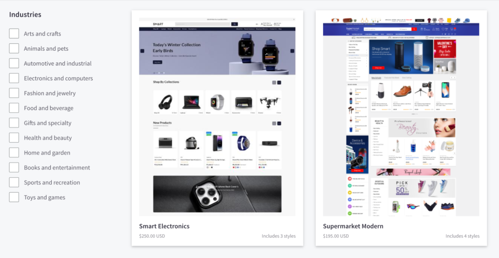 BigCommerce theme marketplace showing filters on the left and two theme examples on the right