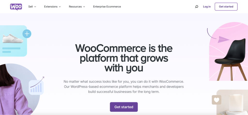 WooCommerce homepage with the tagline, "WooCommerce is the platform that grows with you"