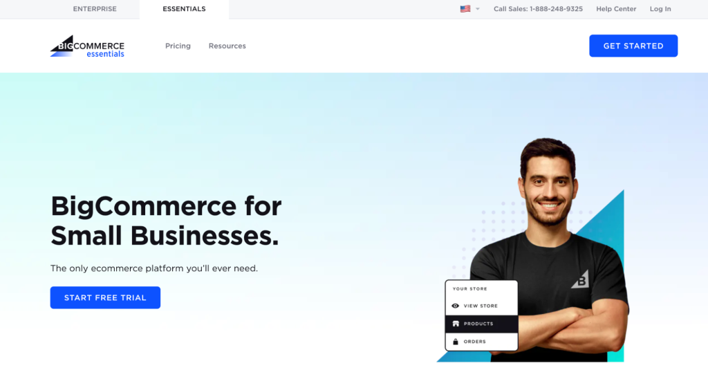 BigCommerce homepage with the tagline "BigCommerce for small businesses"