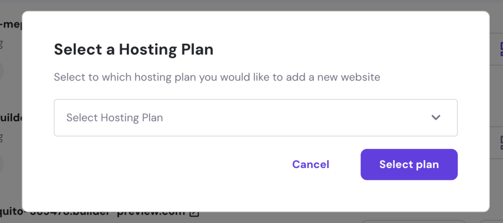 Select a hosting plan popup closeup