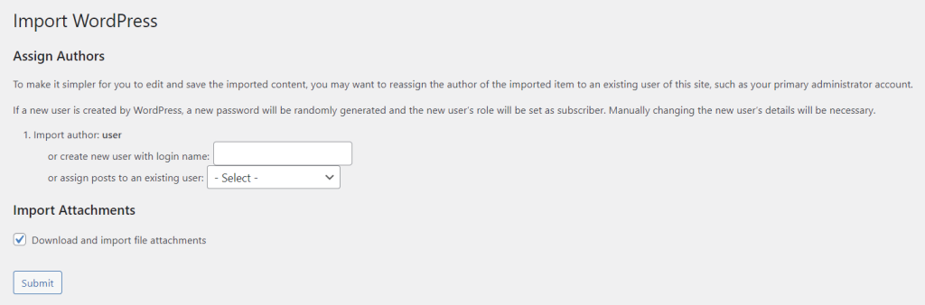 The Import section in the WordPress admin panel showing the options to assign authors and import attachements