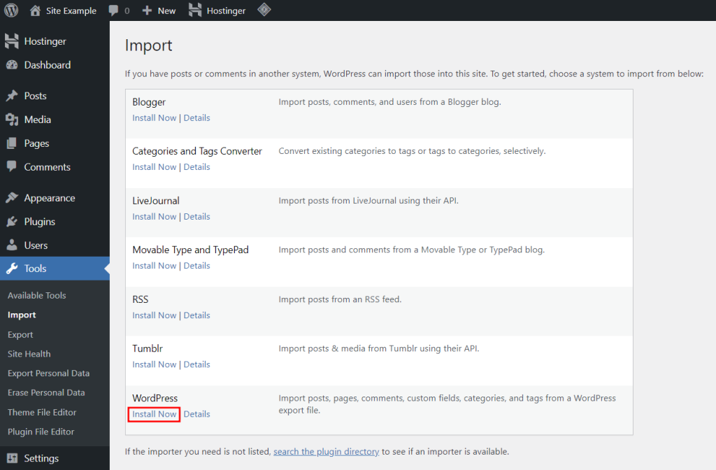 The Import section in the WordPress admin panel with the option to install the WordPress importer highlighted in red