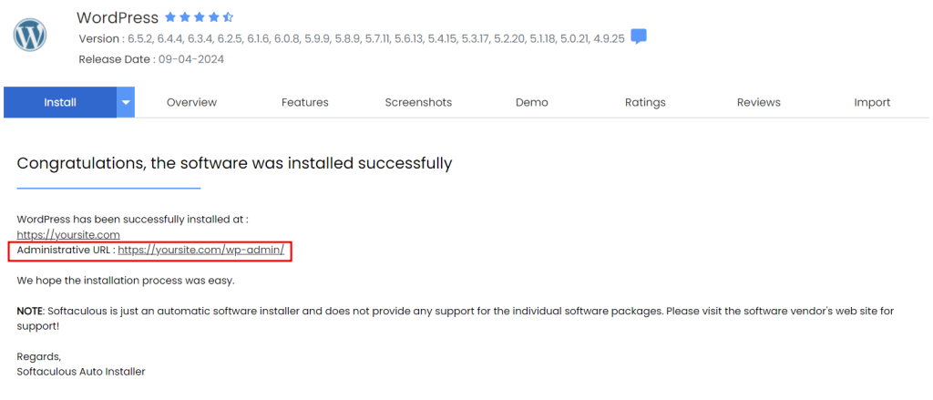 The message that says WordPress installation is successful with the new WordPress admin panel link highlighted in red