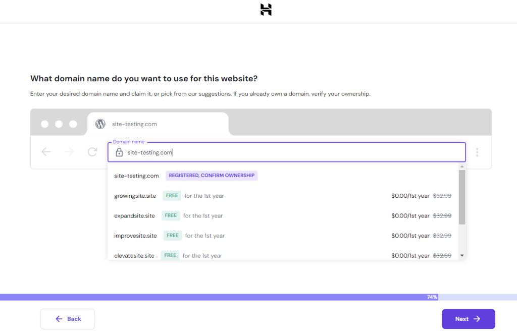 The onboarding process in Hostinger's hPanel showing options to connect a domain name