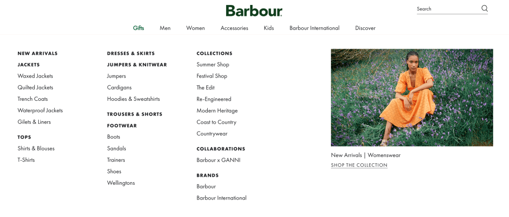 Barbour store's product categories
