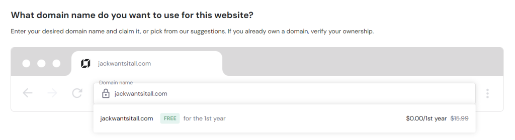 Claiming a free domain in Hostinger during hosting setup