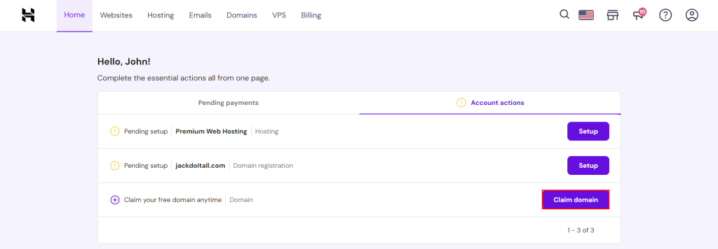 Claiming a free domain in hPanel's homepage