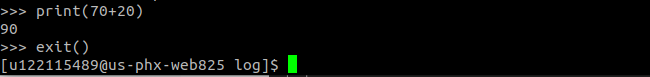 Linux terminal showing the result of printing 70+20. It also exits Python interactive mode after the 'exit()' command