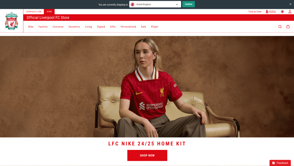 Liverpool FC official store's homepage