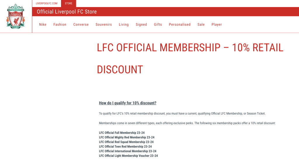 Liverpool FC store's membership deals