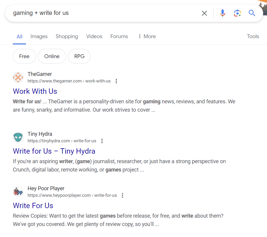 Google results for guest post websites in the gaming niche