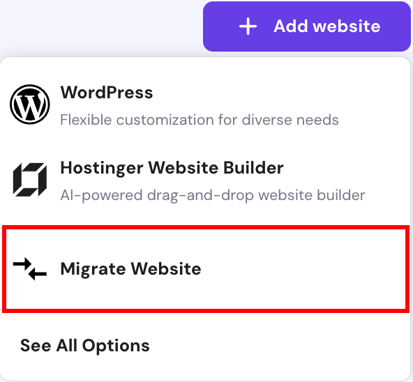 Migrate website button highlighted
