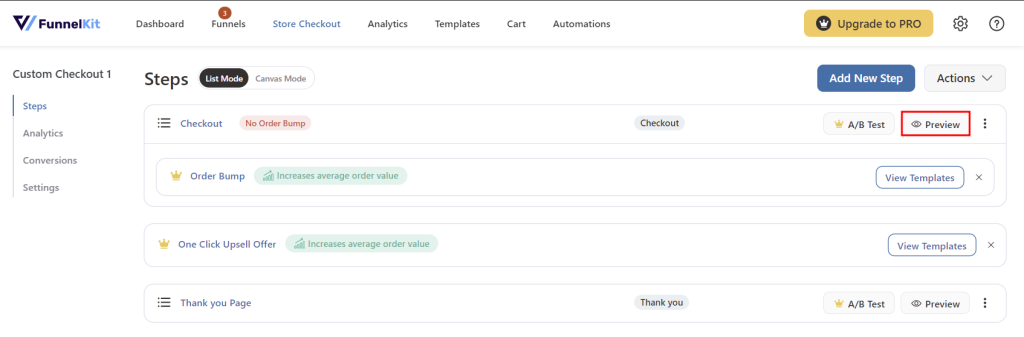 FunnelKit store checkout funnel, highlighting the option to preview the checkout page