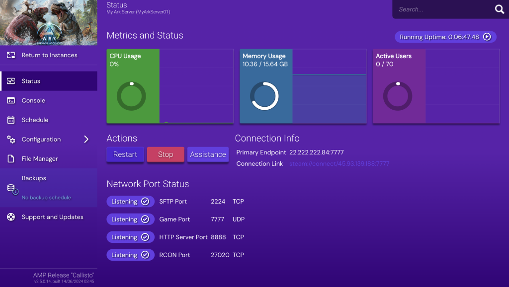 SA's server status on Game Panel