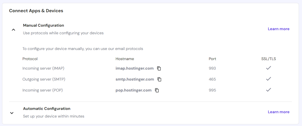 Hostinger business email IMAP SMTP POP details