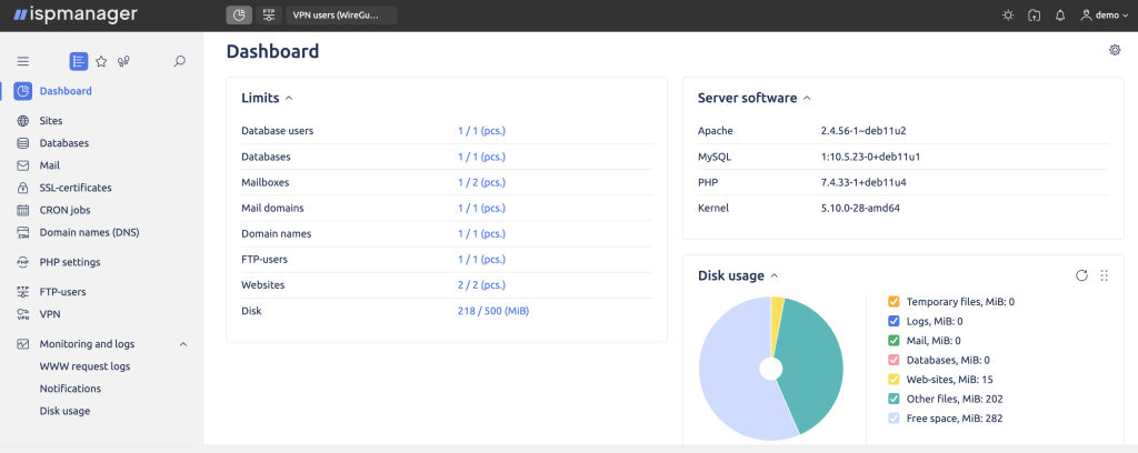 The ISPmanager dashboard