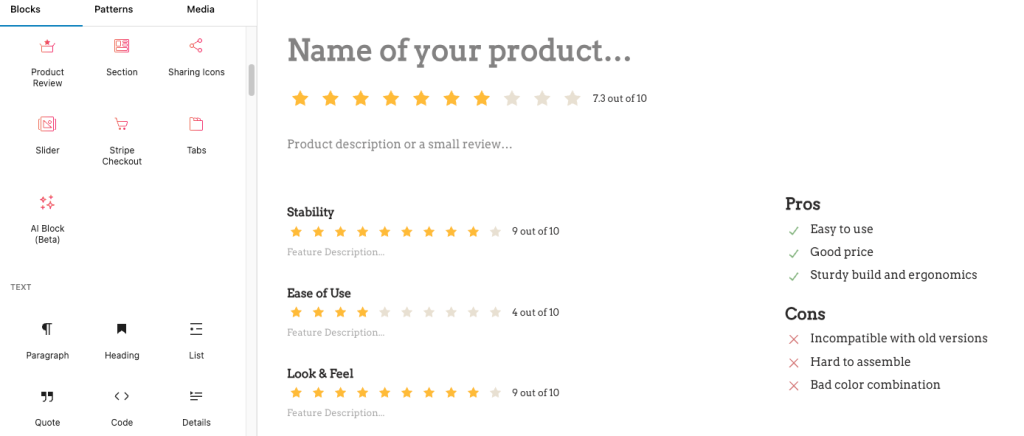 Product review block in Neve multipurpose theme