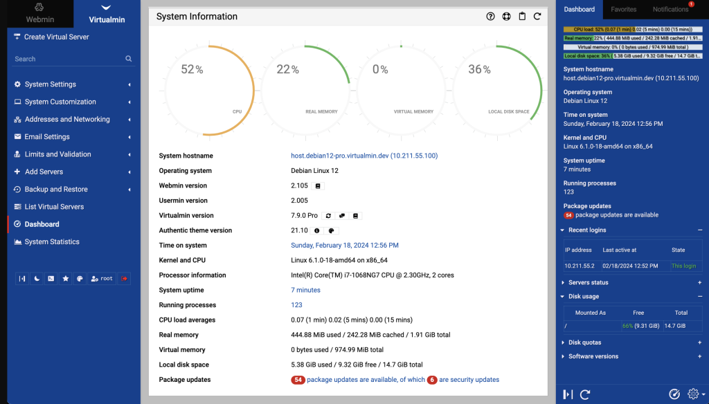 The Virtualmin dashboard