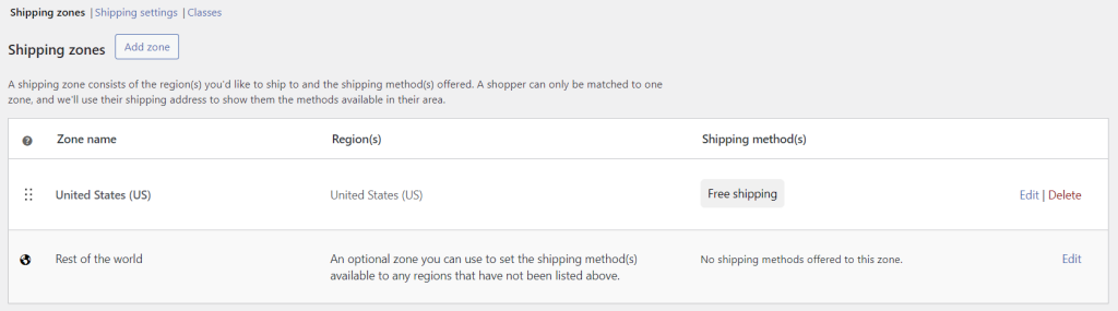 WooCommerce shipping page, focusing on the list of shipping zones