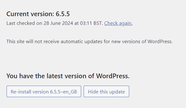 WordPress version status in the Updates section