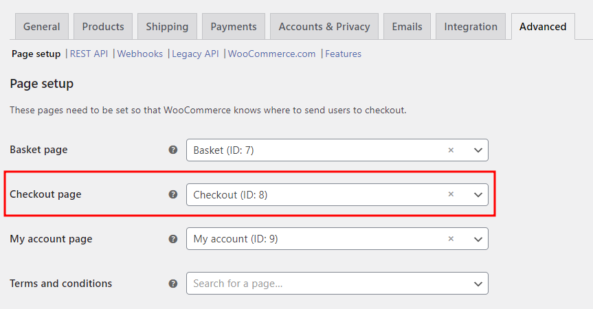 WooCommerce advanced settings, highlighting the option to change the checkout page