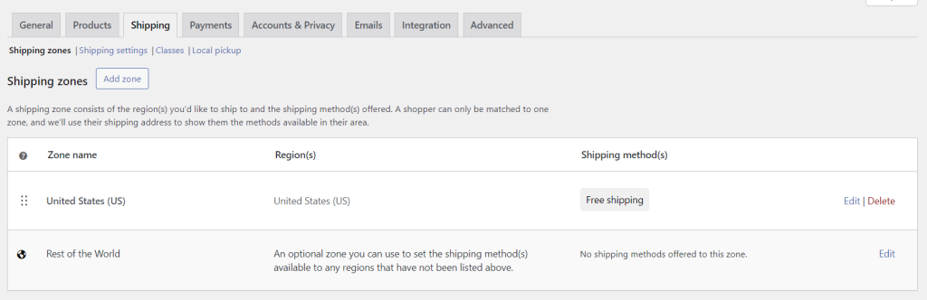 WooCommerce shipping settings in WordPress