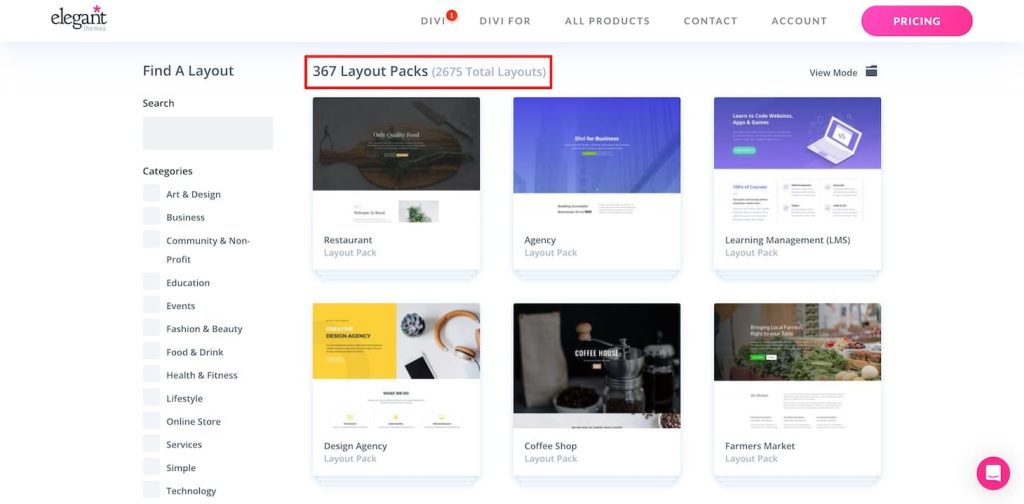Divi WordPress theme with many design layouts as an example